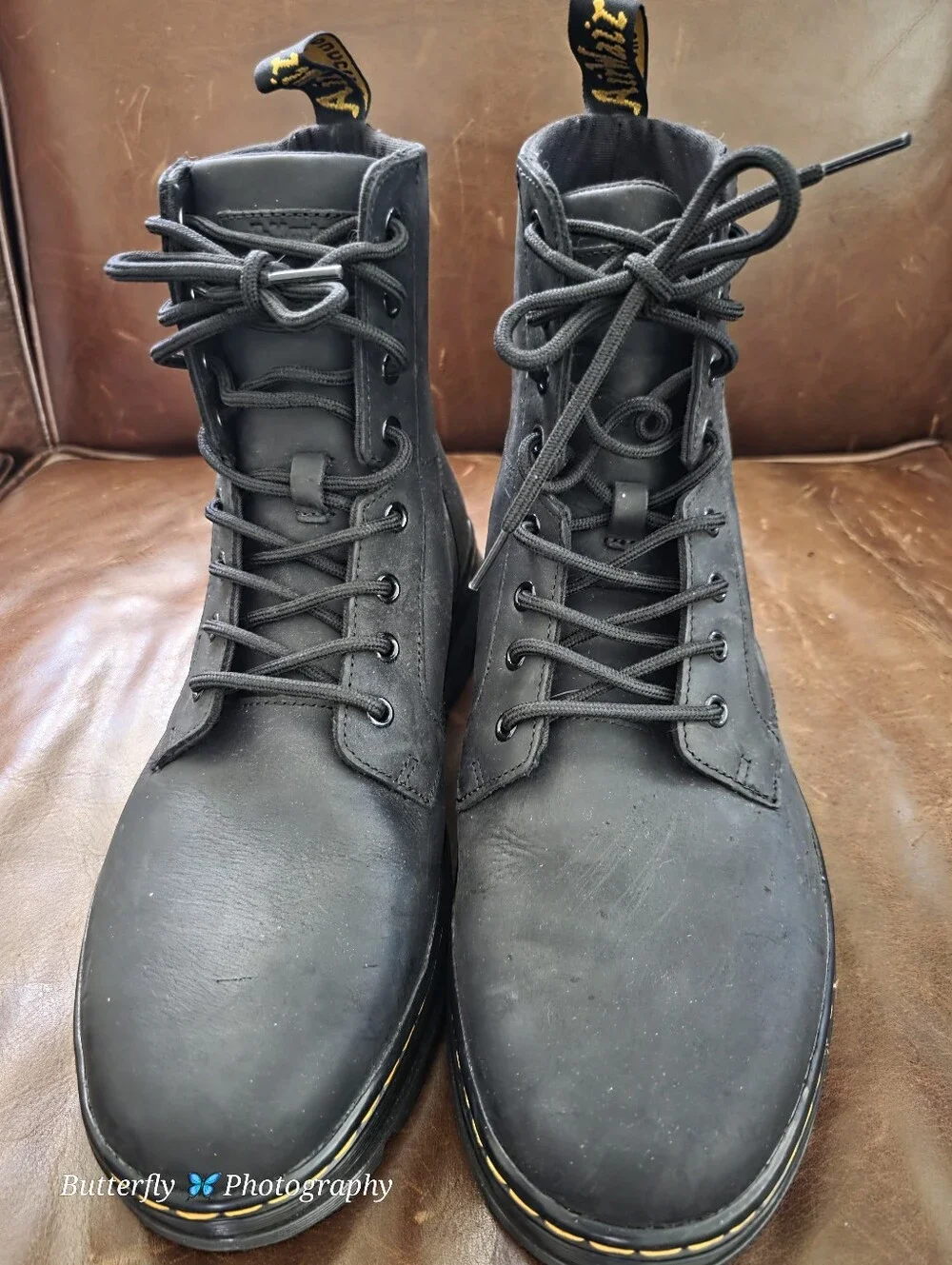 Dr. Martens Black Leather 8-Eye Lace-Up Boots with Yellow Stitch Bouncing Souls